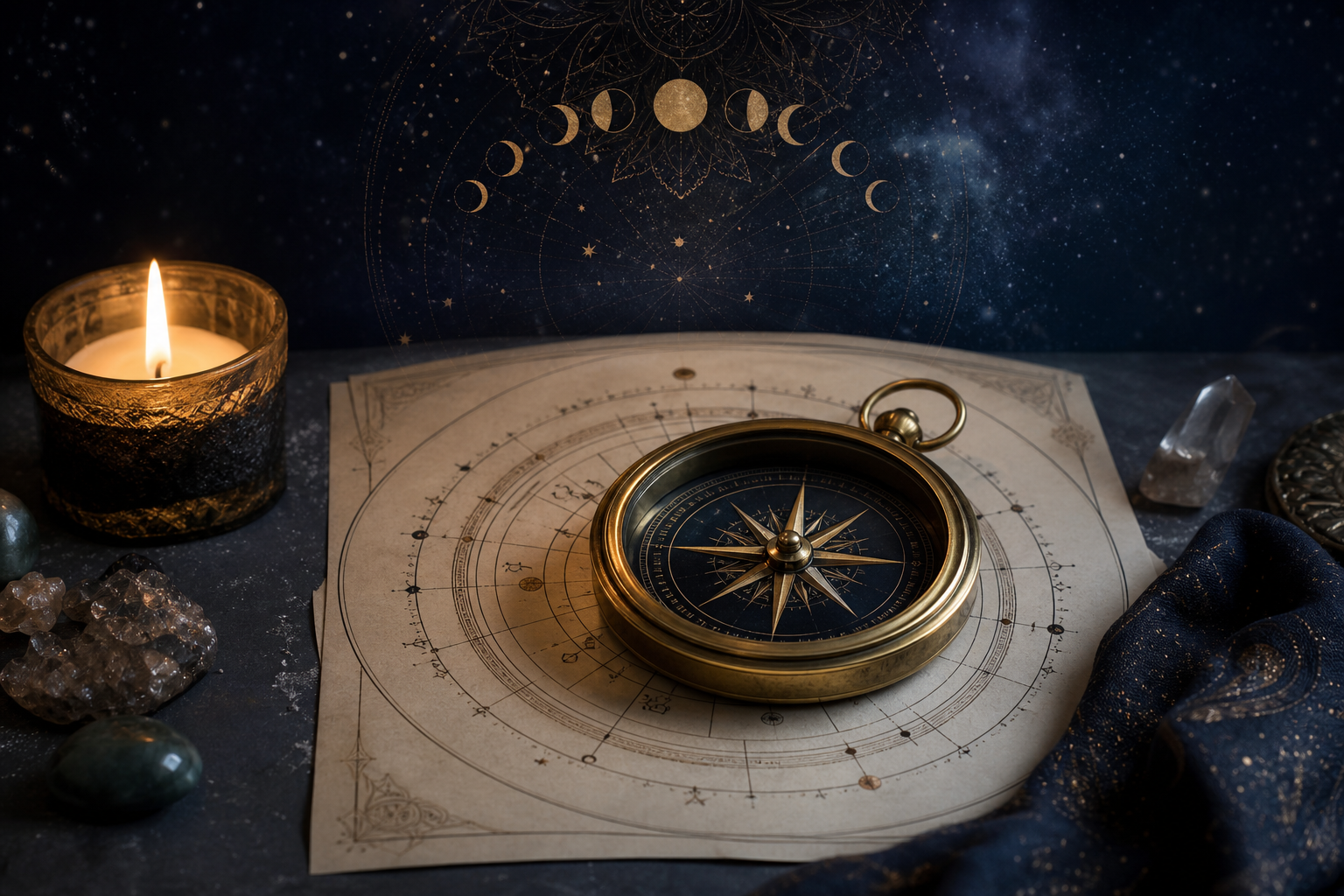 Astrologiczny kompas mocy ze świecą i mapą nieba